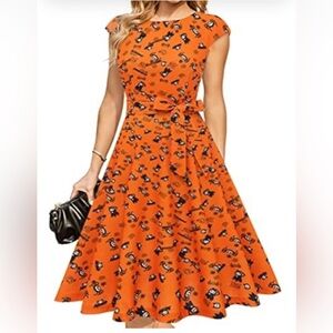 Halloween Orange Floral A-Line Dress
